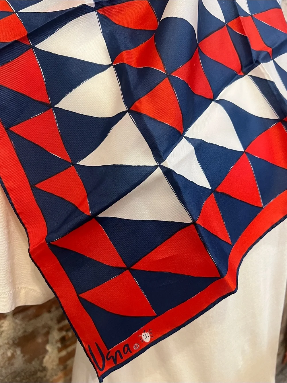 Vintage Vera Neumann Geometric Red Navy white Scarf made in Japan 22” square